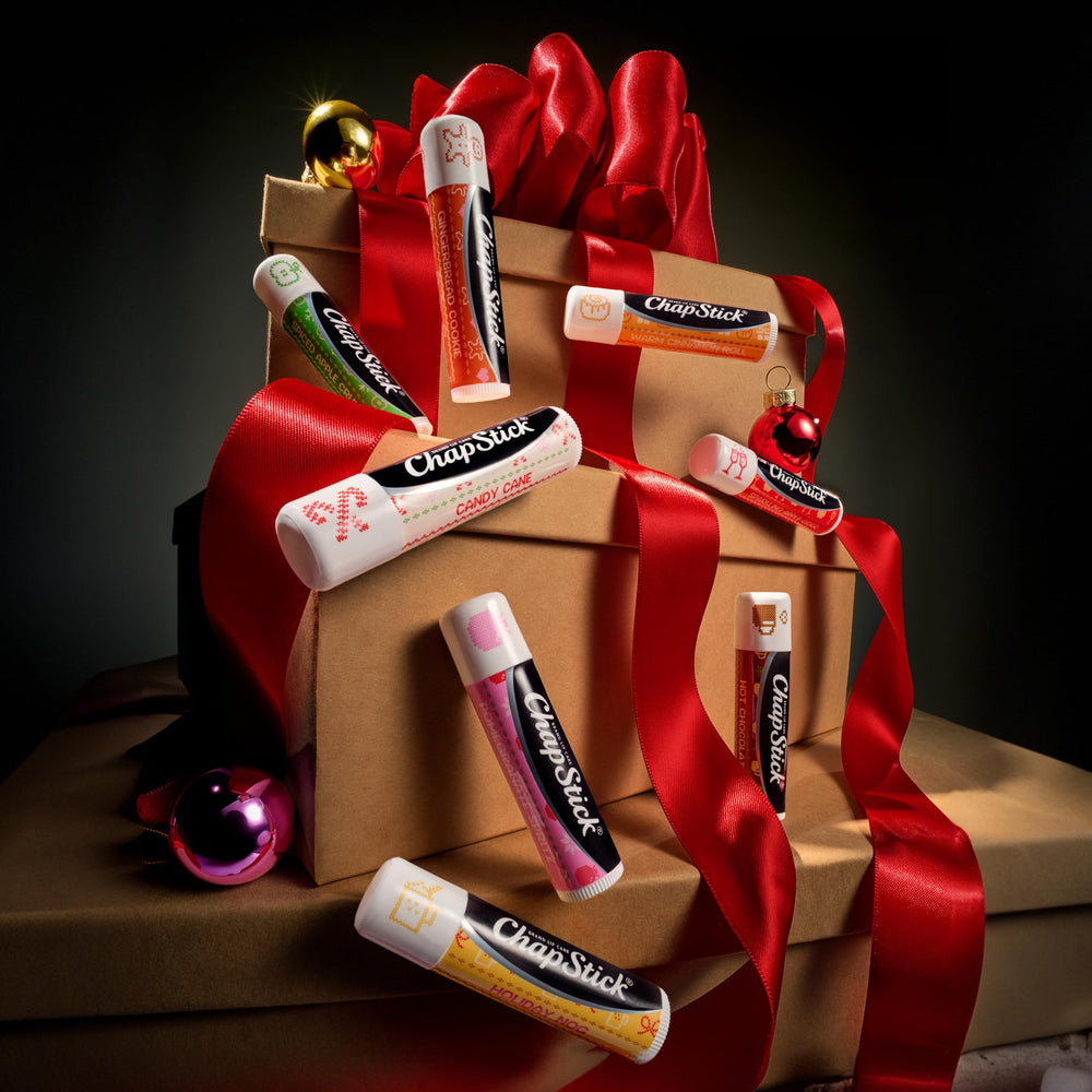 ChapStick Candy Cane tube closeup highlighting flavor detail and festive hydration