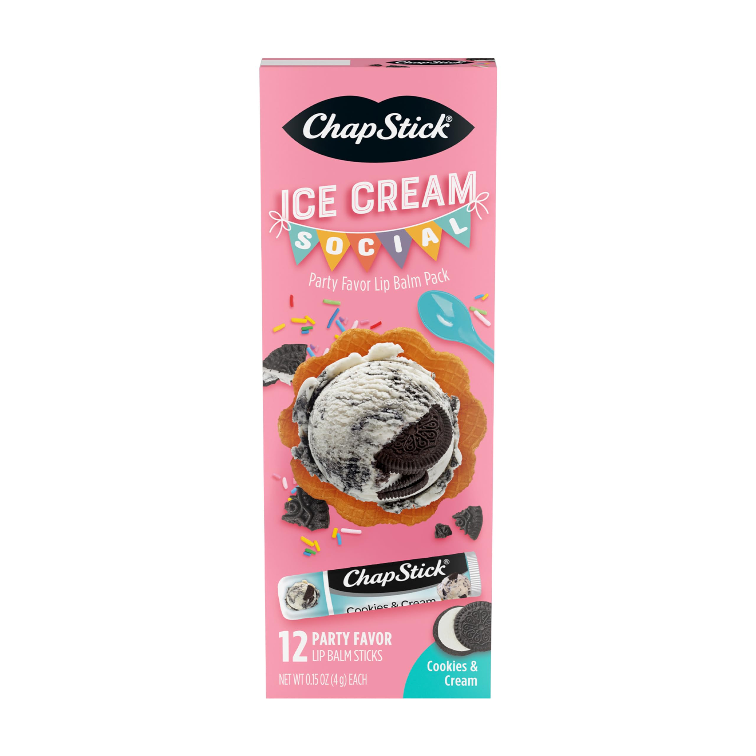 ChapStick front packaging showing 12-count Cookies & Cream tubes and party-ready benefit