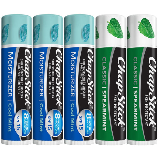ChapStick front view of five‑pack showing both Cool Mint and Spearmint for reliable hydration
