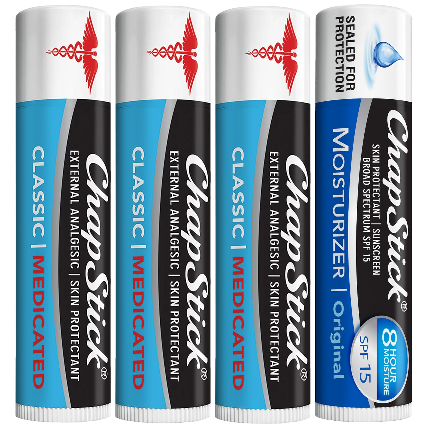 ChapStick front packaging showing four-tube bundle and benefits