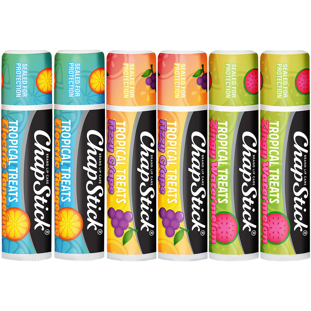 ChapStick front packaging showing tropical treats set and easy-grip design