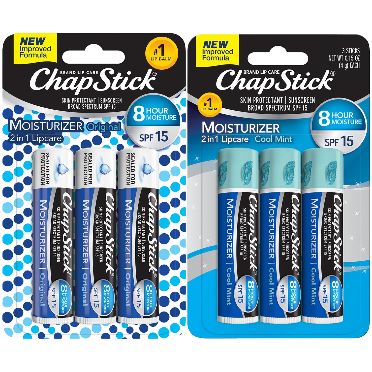 ChapStick front packaging showing six-pack and benefits