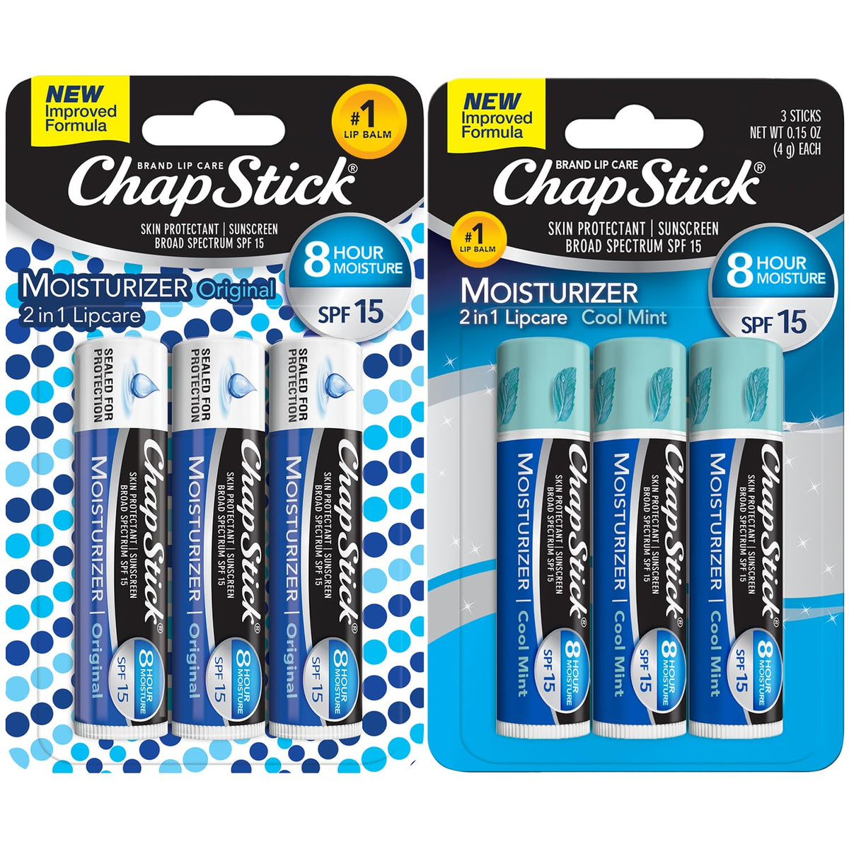 ChapStick front packaging showing six-pack and benefits