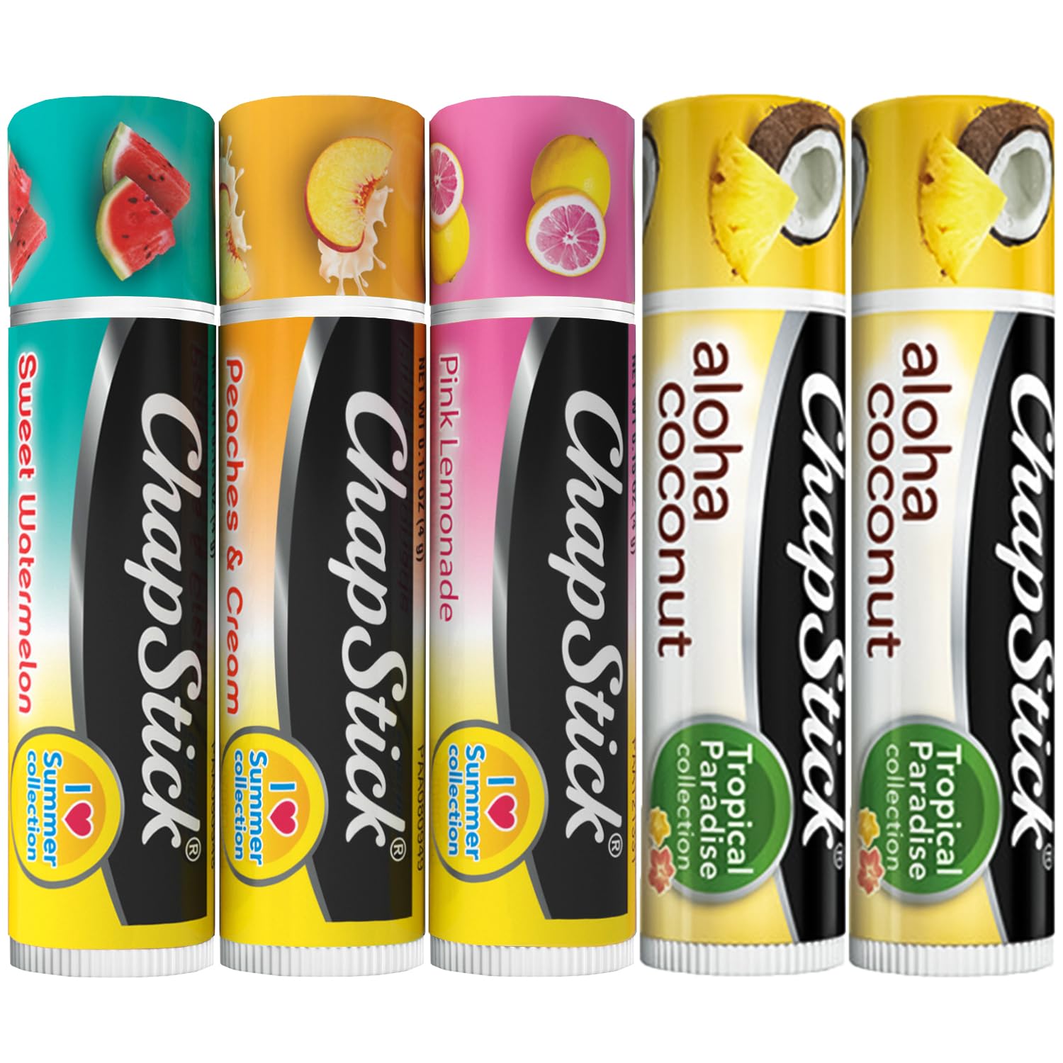 ChapStick front packaging showing five tubes and summer designs for quick grab-and-go