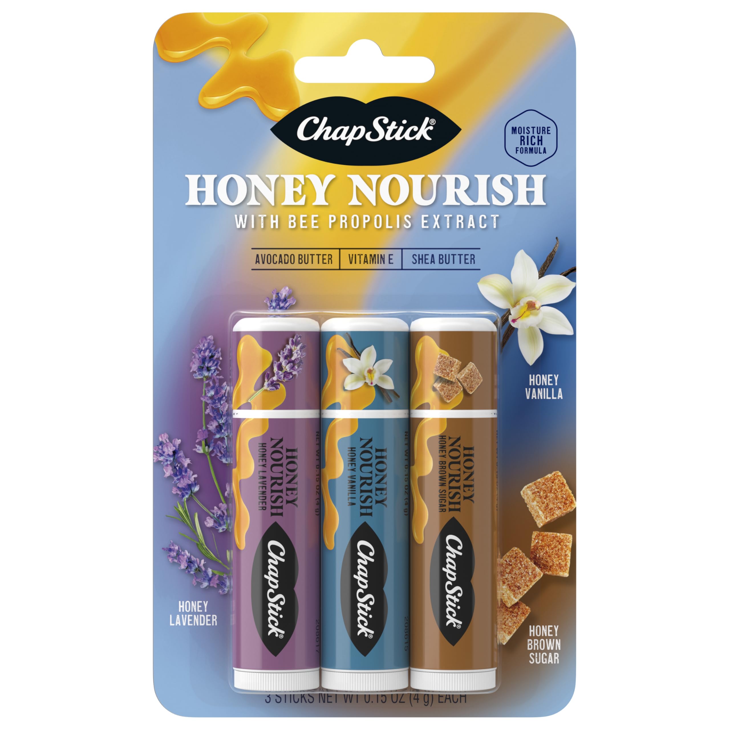 ChapStick Honey Nourish front packaging showing three tubes and flavors for convenient hydration