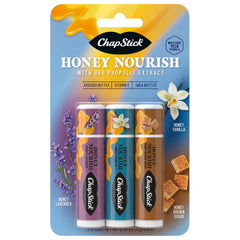 ChapStick Honey Nourish front packaging showing three tubes and flavors for convenient hydration