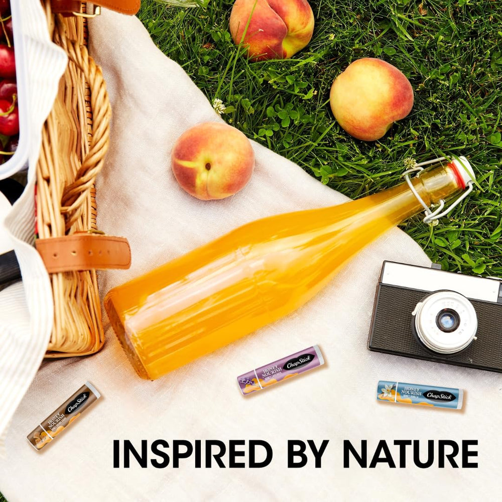 Close-up of ChapStick Honey Vanilla label emphasizing the honey-infused soothing benefit