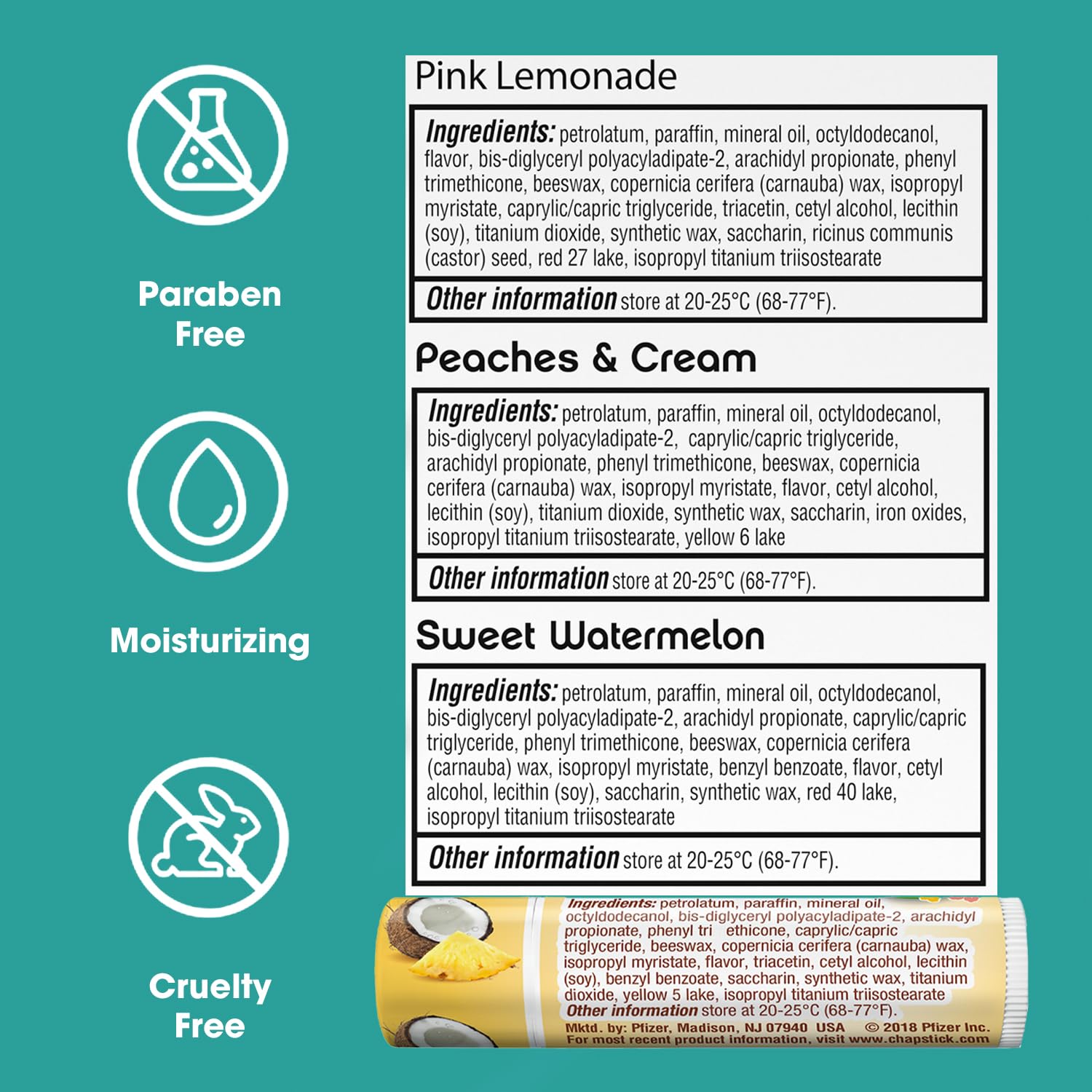 ChapStick label close-up showing brand and ingredient panel for informed purchase
