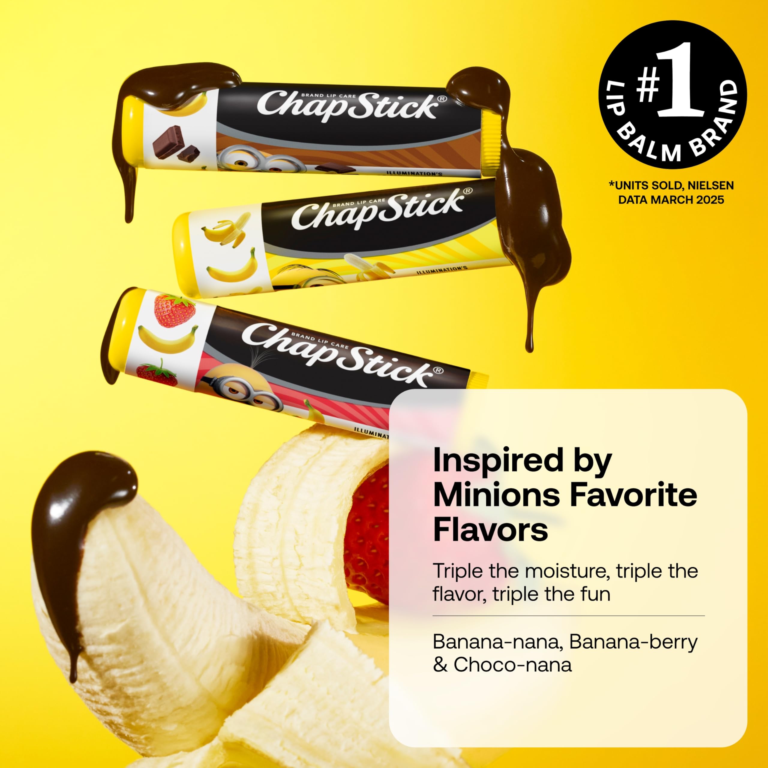 ChapStick Minions flavor close-up displaying three banana-based scents for variety