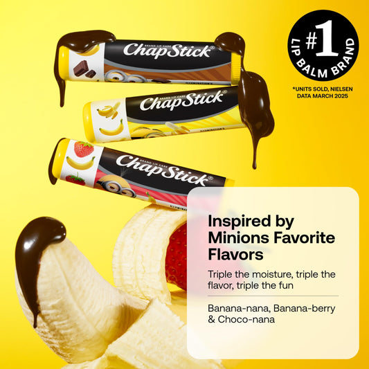 ChapStick Minions flavor close-up displaying three banana-based scents for variety