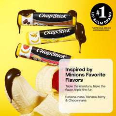 ChapStick Minions flavor close-up displaying three banana-based scents for variety