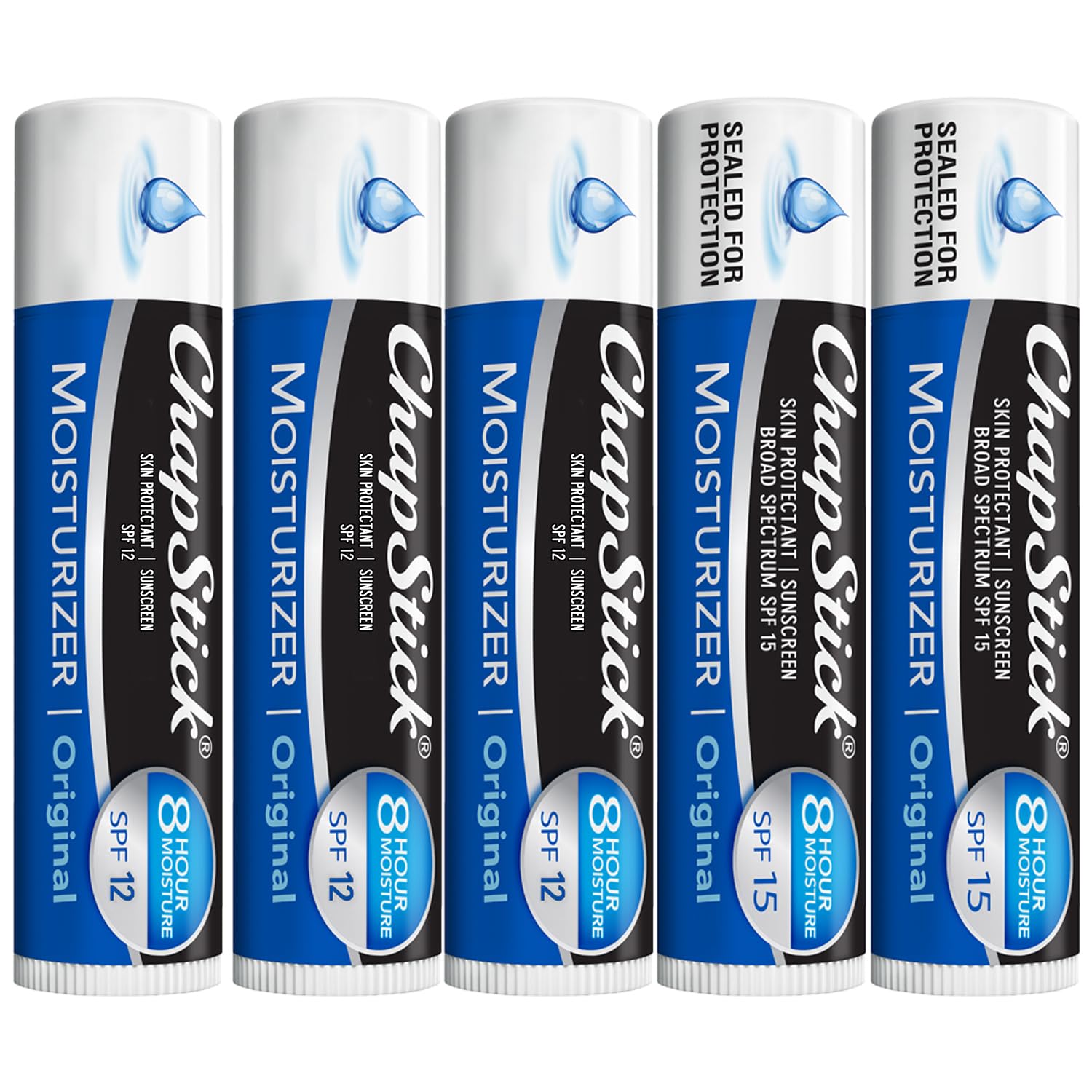 ChapStick Moisturizer 5‑pack front packaging showing tubes and benefits