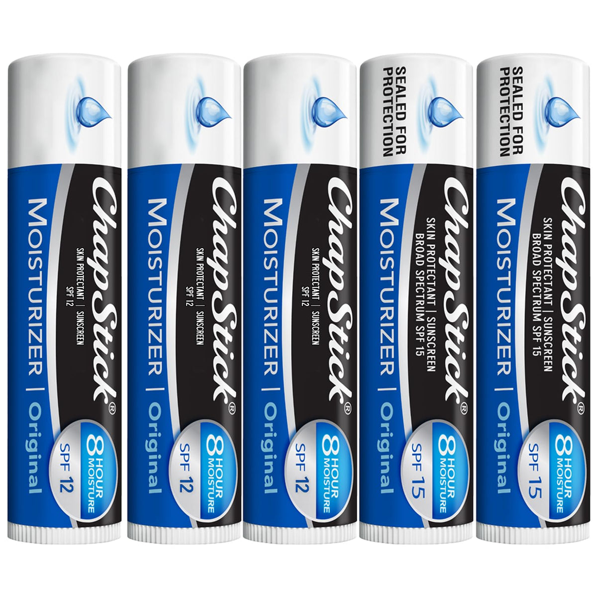 ChapStick Moisturizer 5‑pack front packaging showing tubes and benefits