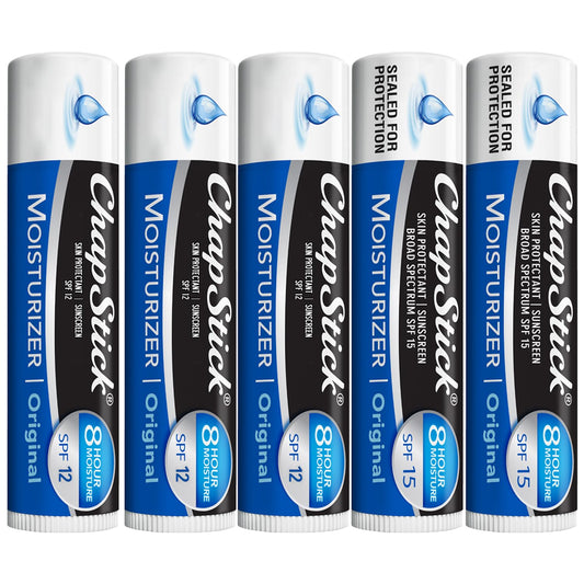 ChapStick Moisturizer 5‑pack front packaging showing tubes and benefits