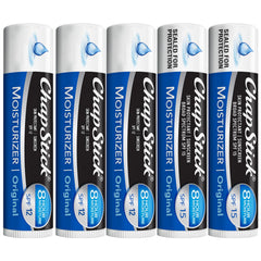 ChapStick Moisturizer 5‑pack front packaging showing tubes and benefits