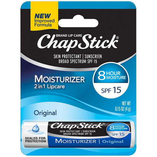 ChapStick front packaging showing original unscented SPF15 and easy identification benefit
