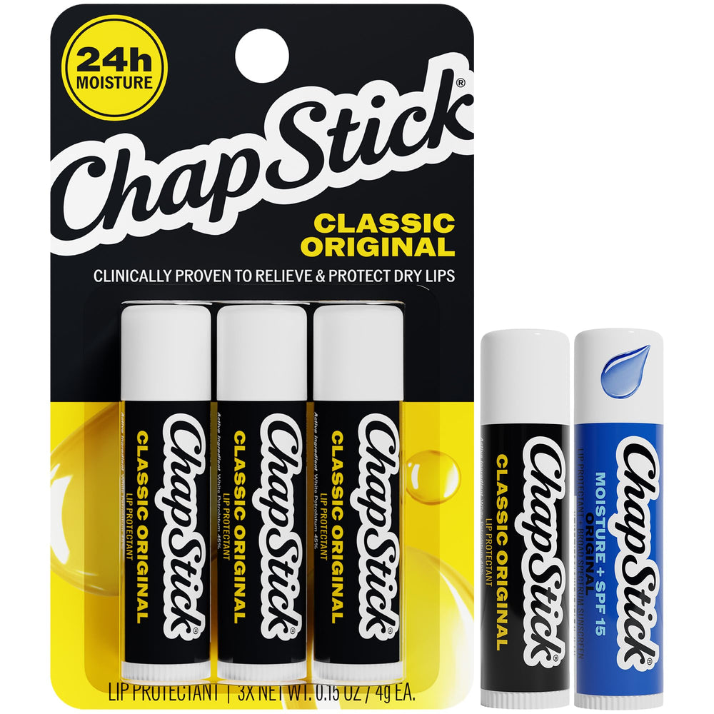 ChapStick pack front view showing five travel-size tubes and brand