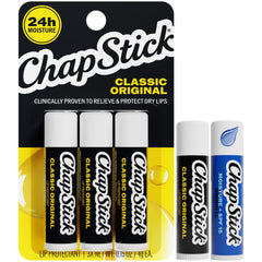 ChapStick pack front view showing five travel-size tubes and brand