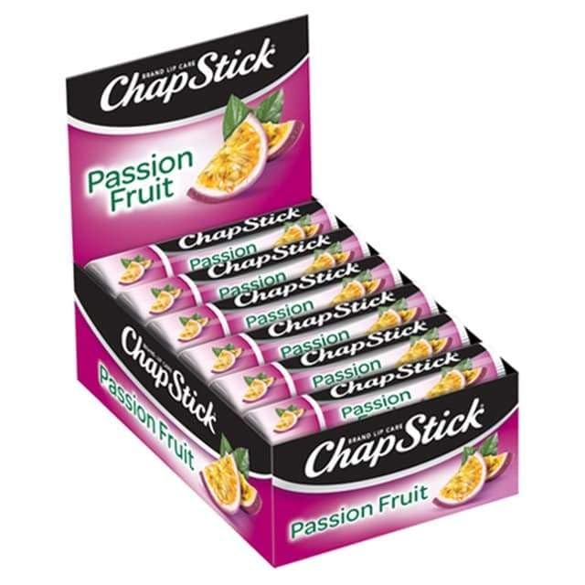 ChapStick passionfruit front packaging showing the 12-pack and vibrant branding for convenient stocking
