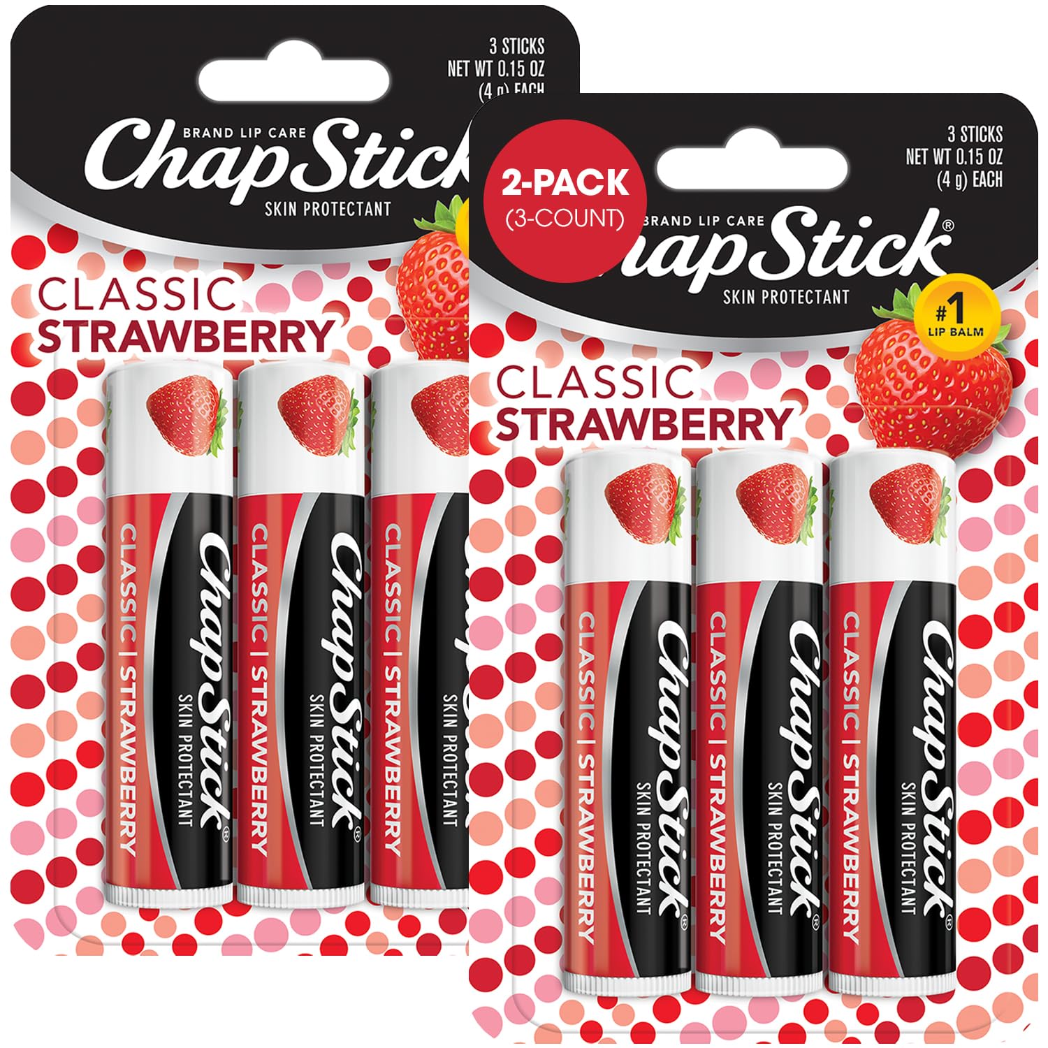 ChapStick tube front view showing strawberry tint and easy carry benefit