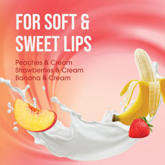 ChapStick three tubes arranged peach strawberry banana showing flavor variety and portability