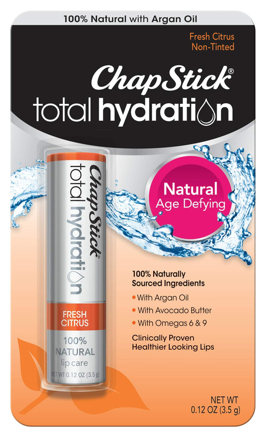 ChapStick Total Hydration front tube showing Fresh Citrus and benefits