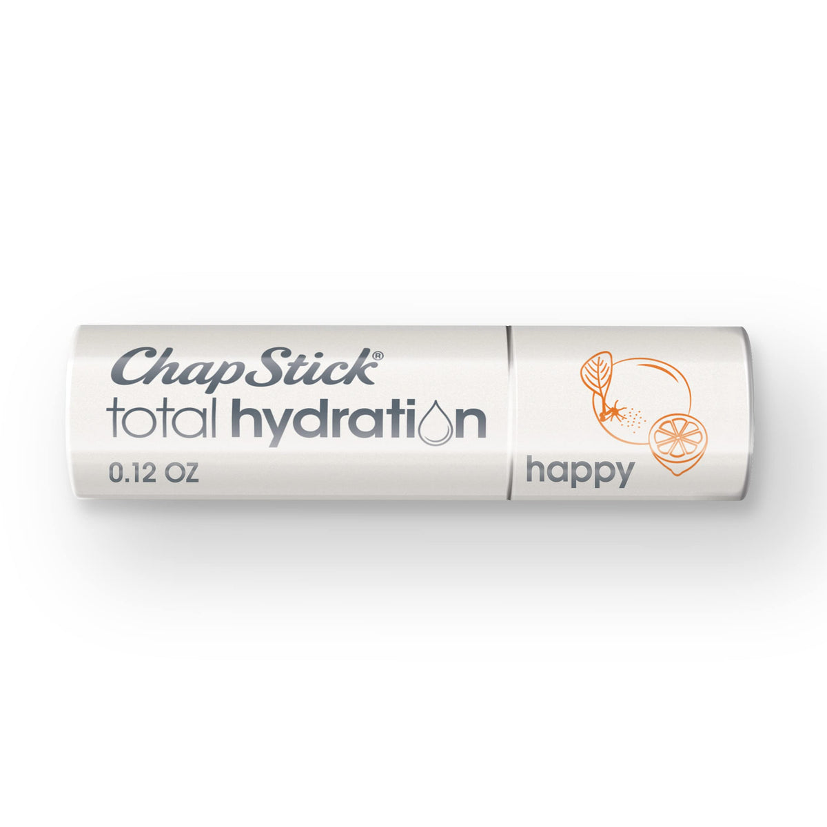 ChapStick tube front view showing orange and lemon branding and clear balm