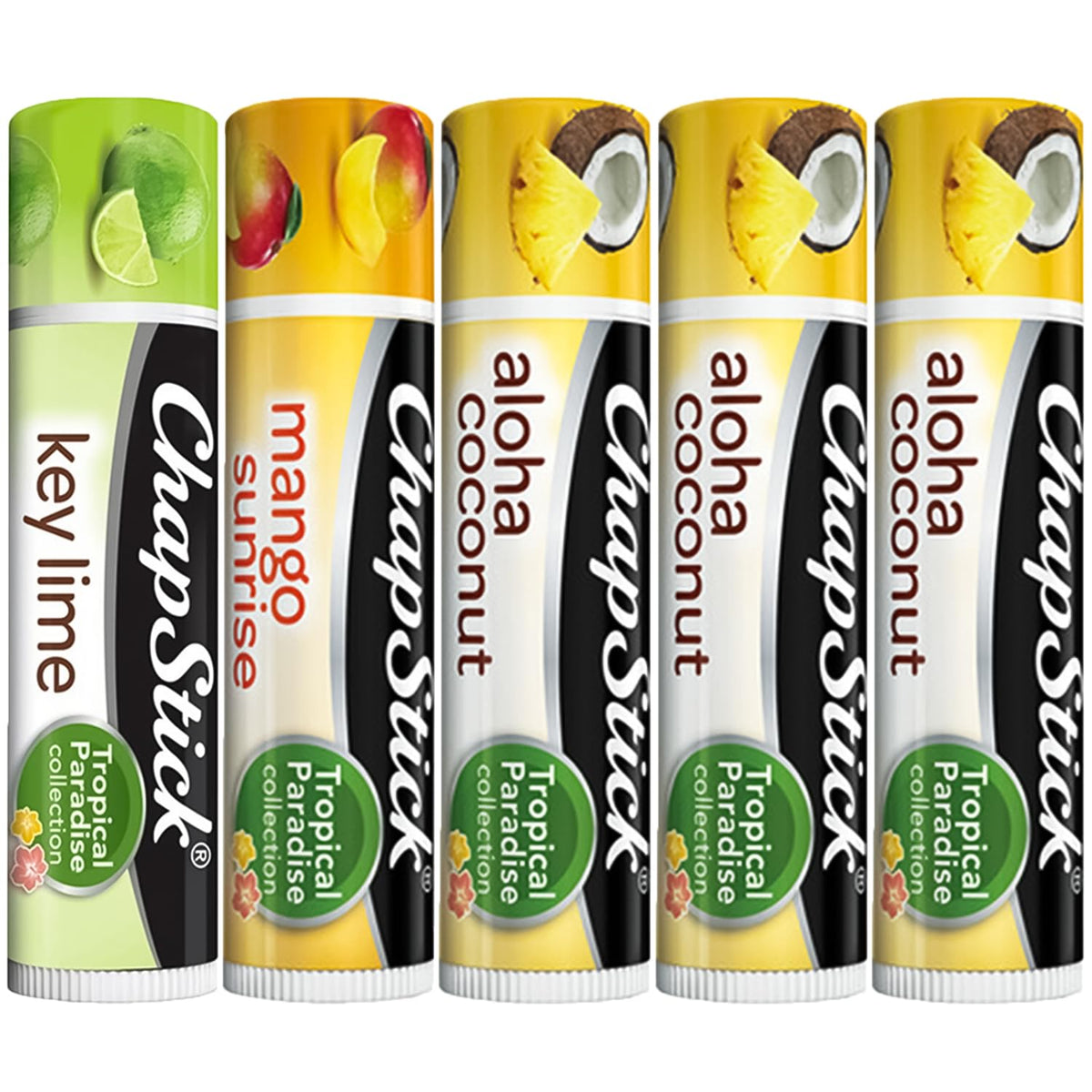 ChapStick Tropical Paradise front packaging showing all five tubes and benefits