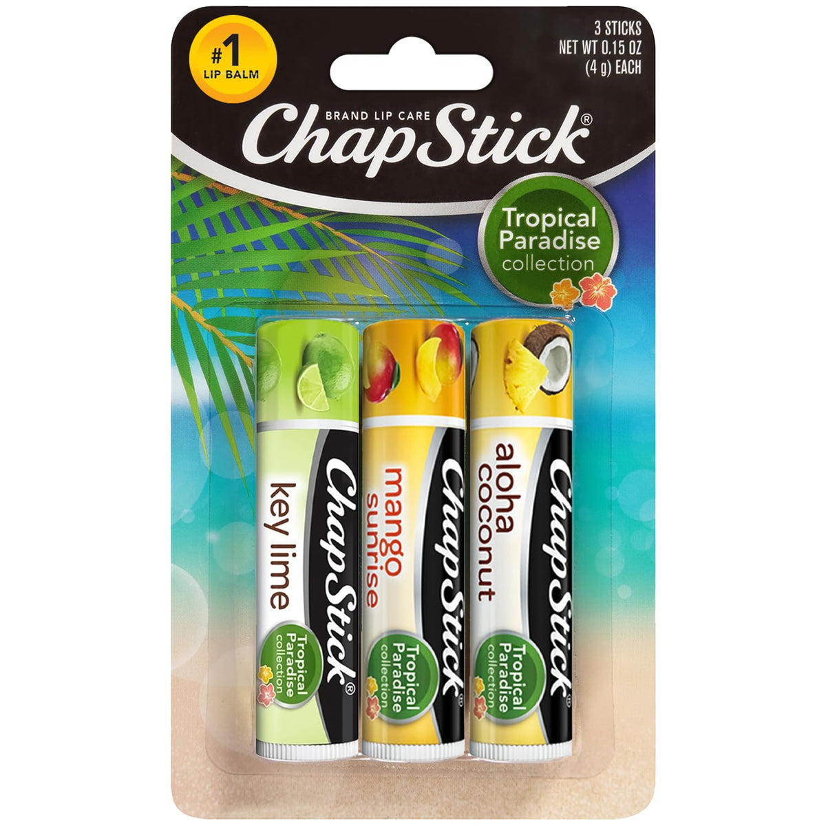 ChapStick front packaging showing three tropical lip balms and easy selection benefit