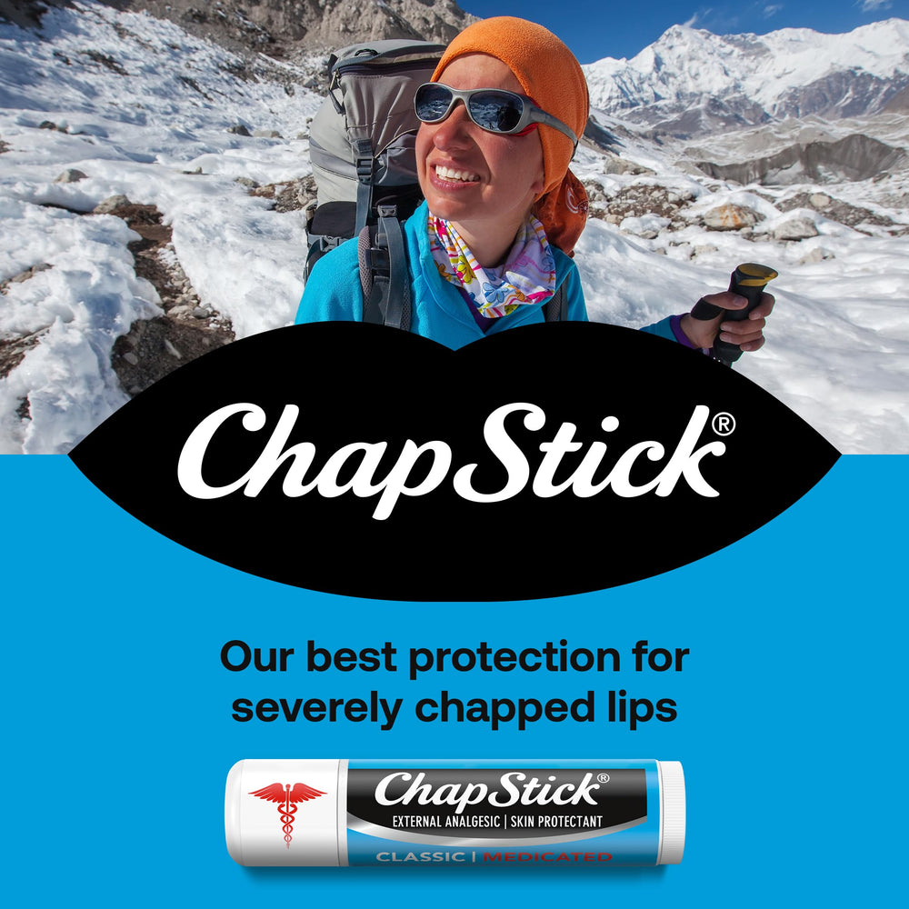 ChapStick close-up of three medicated and one moisturizer tubes for convenience