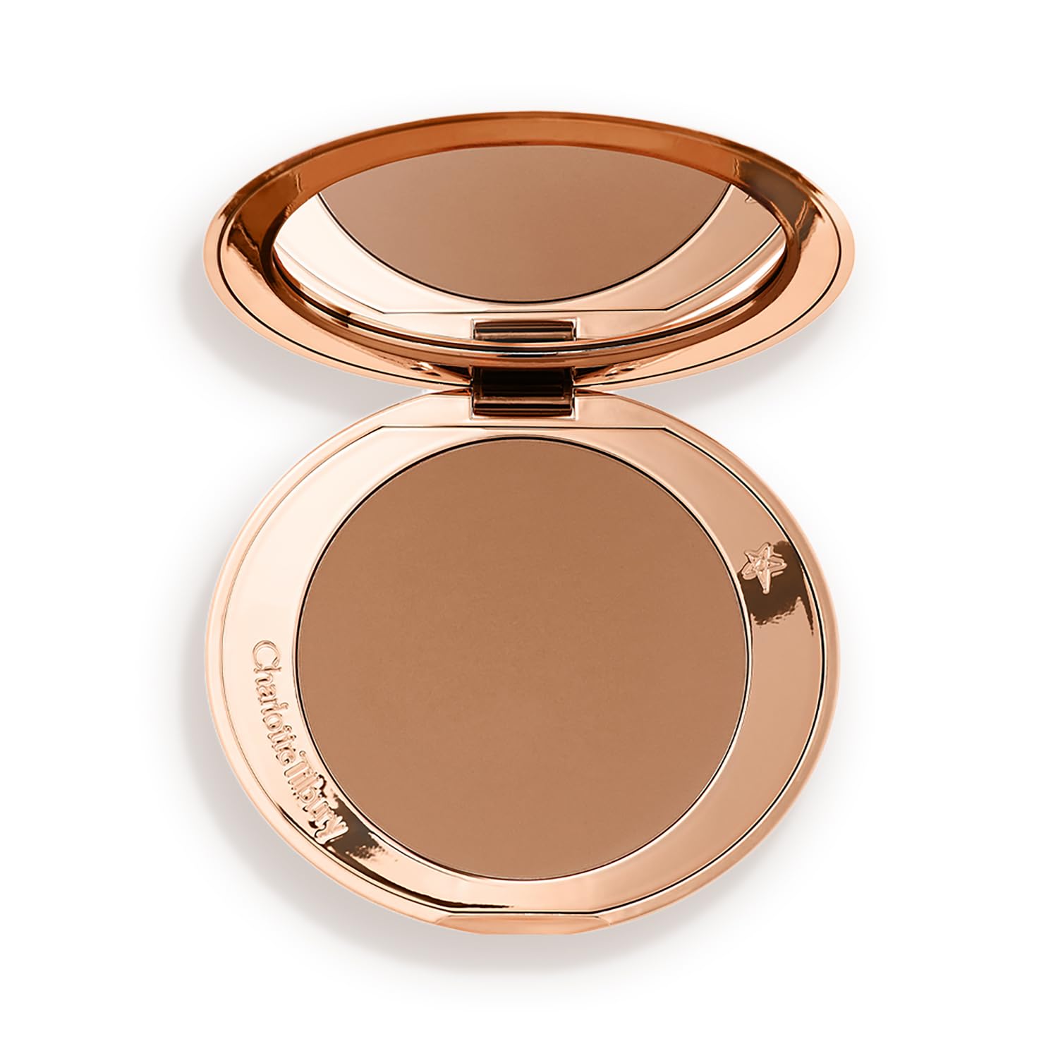 Charlotte Tilbury compact front view shows sleek refillable design and travel benefit