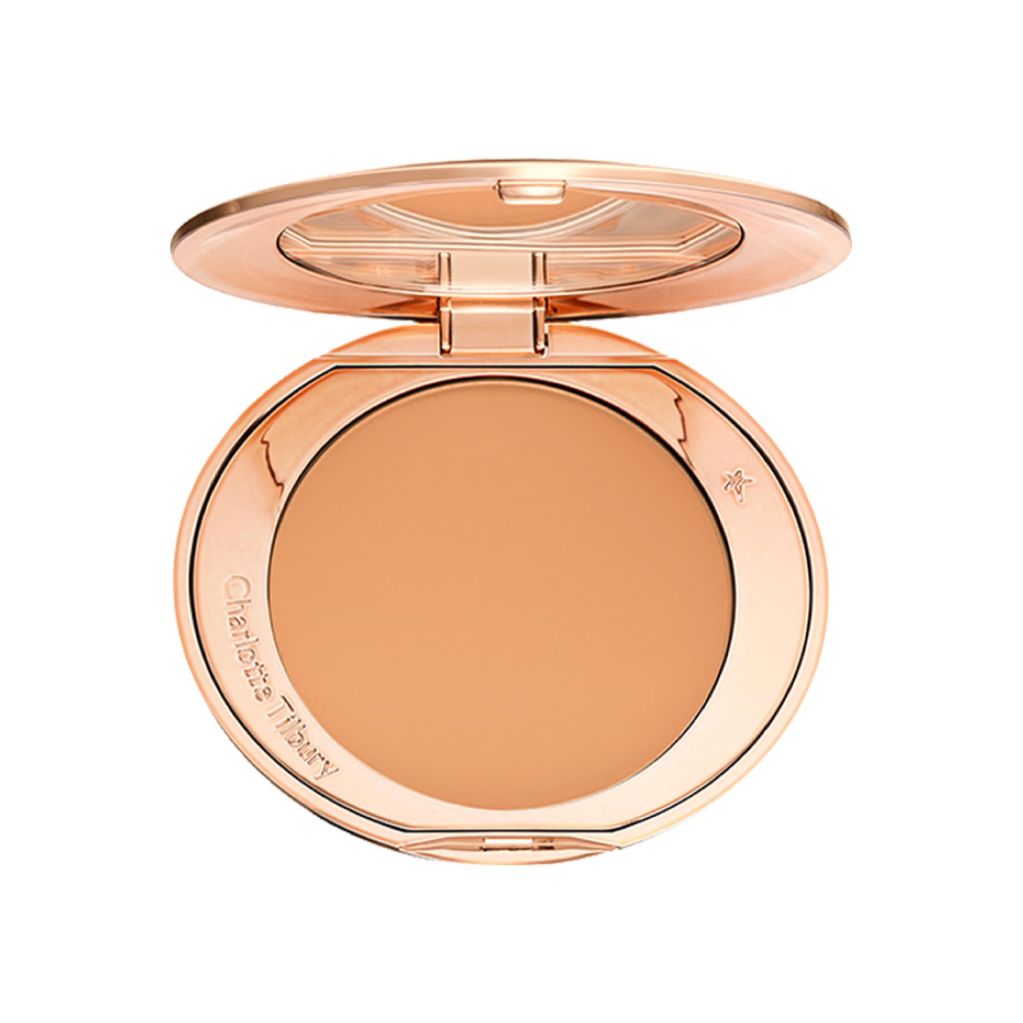 Charlotte Tilbury compact front view shows elegant packaging and travel convenience