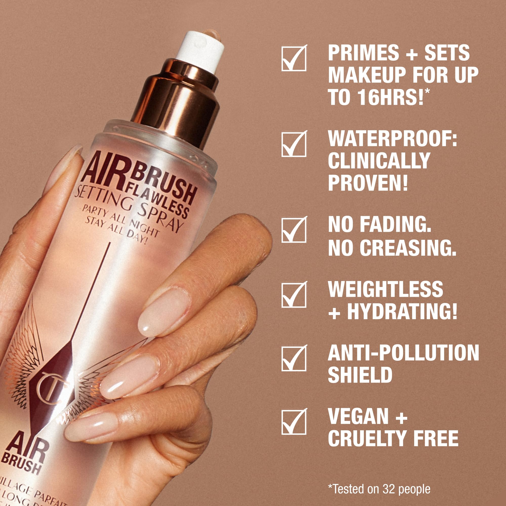Charlotte Tilbury bottle held in hand to show size and travel-friendly convenience