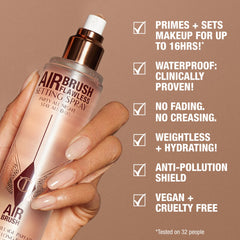 Charlotte Tilbury bottle with green tea and aloe props, highlights skin-soothing ingredients