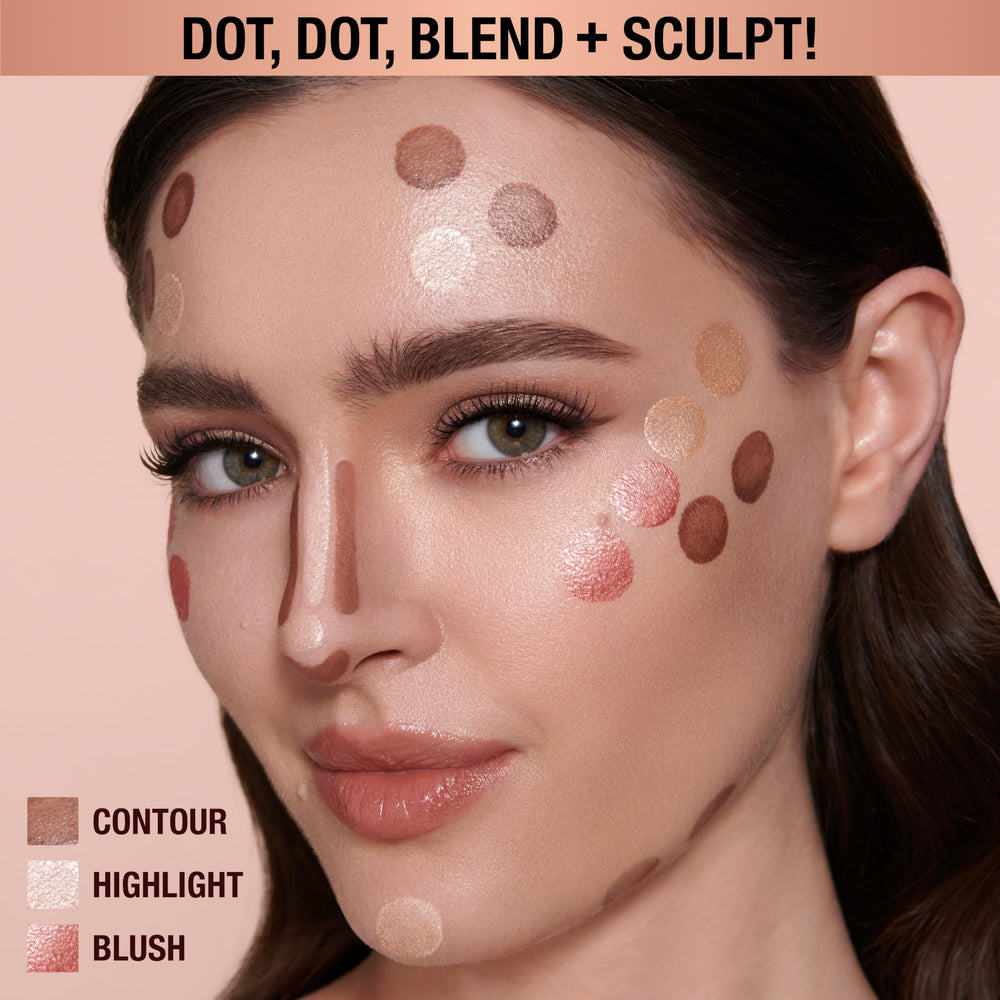 Charlotte Tilbury dot application on cheek demonstrating targeted placement for instant highlight and blush