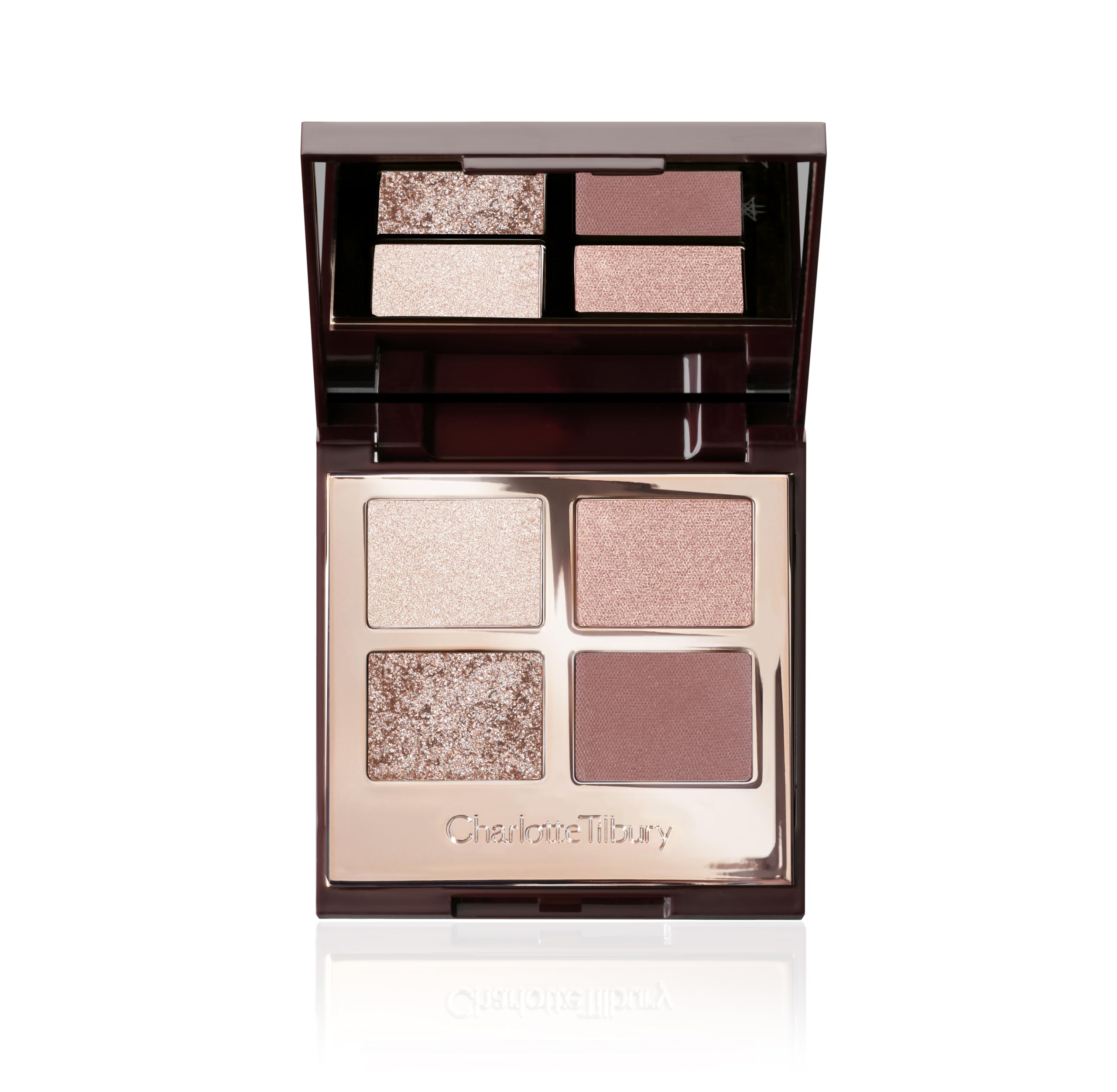 Charlotte Tilbury palette front view showing compact rose-gold packaging and logo benefit: travel-ready