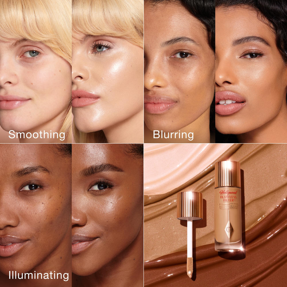 Charlotte Tilbury applying product to cheek for instant soft-focus glow