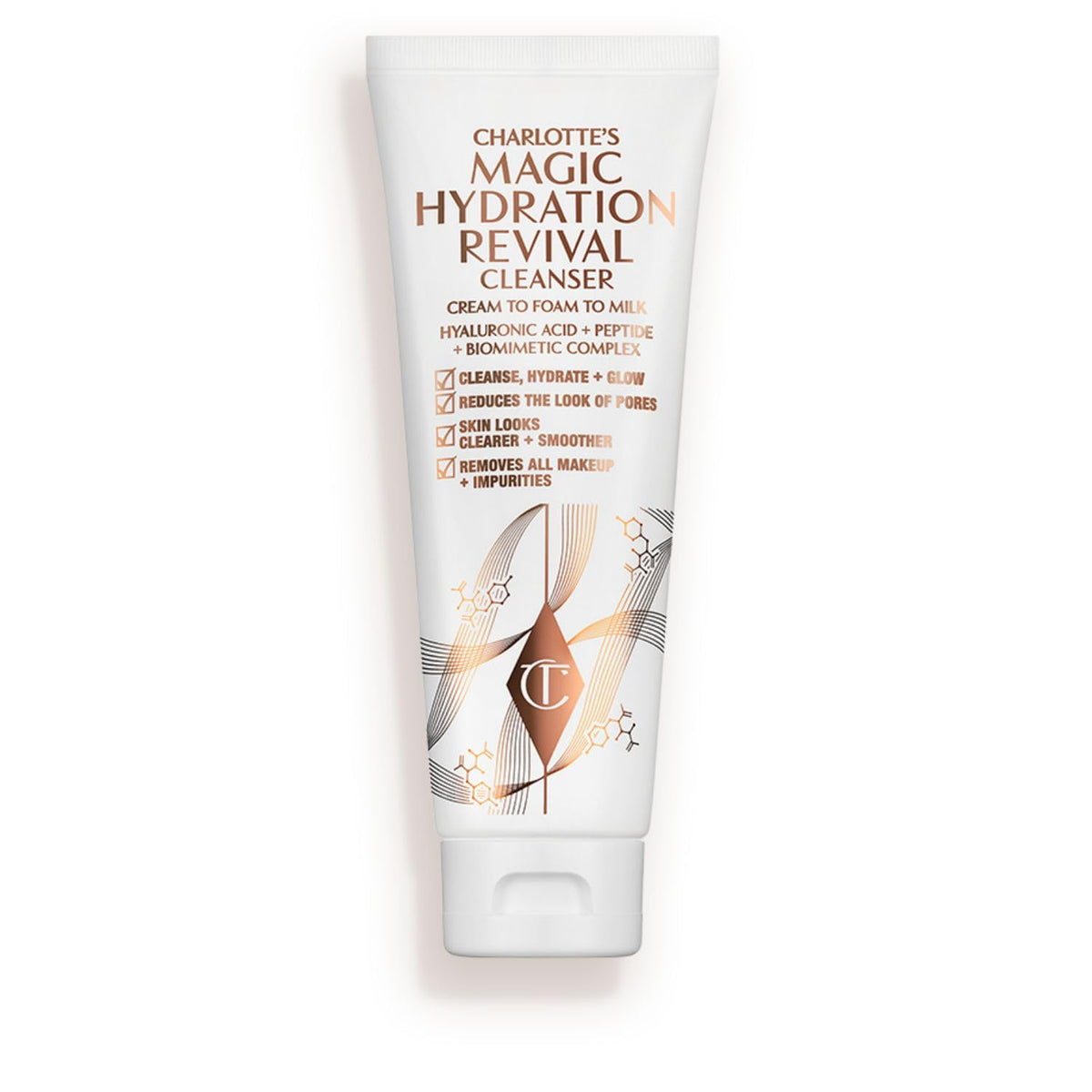 Charlotte Tilbury front packaging showing cleanser and clear benefits