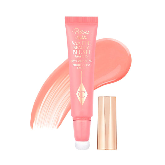 Charlotte Tilbury front packaging of Pillow Talk Matte Liquid Blush wand showing compact tube benefits convenience