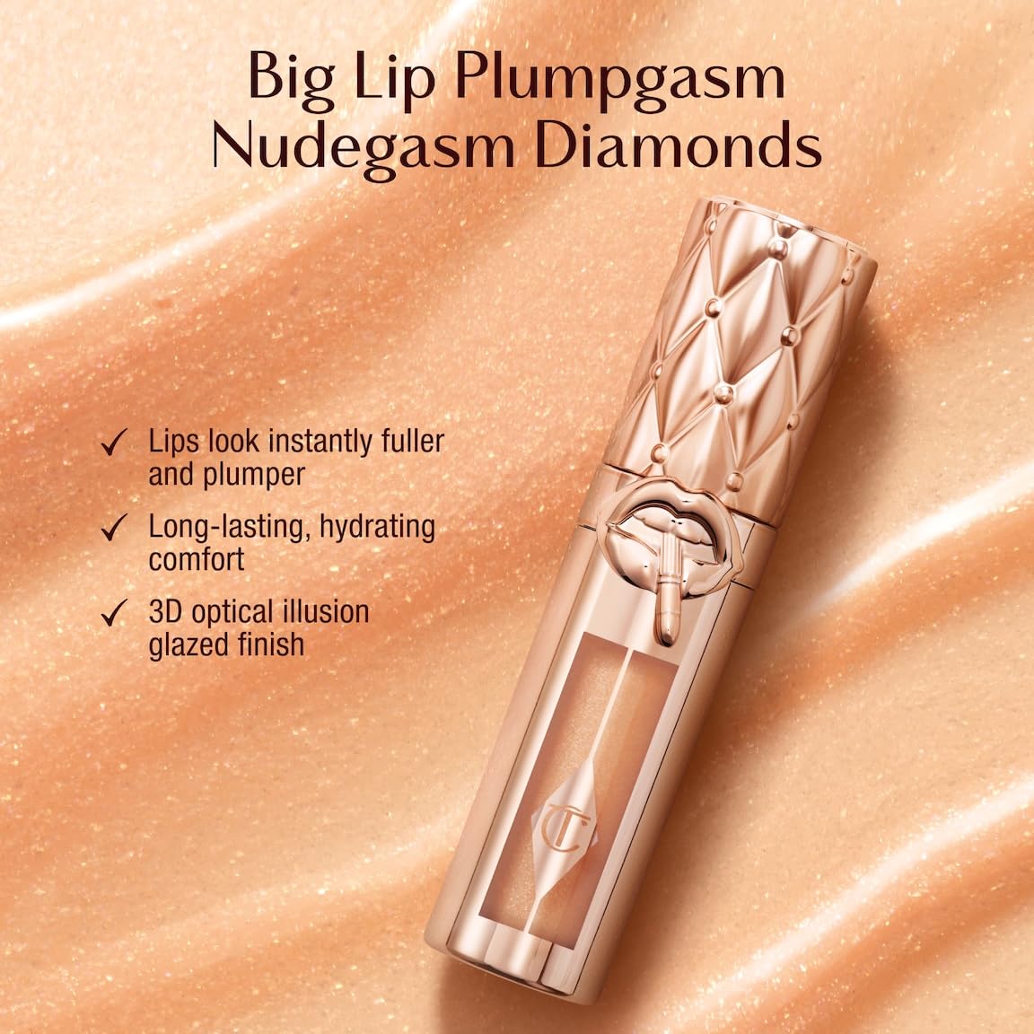 Charlotte Tilbury clear gloss texture swirl highlighting hydrating, non-sticky finish benefit