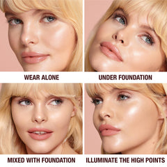 Charlotte Tilbury swatches on arm illustrating 2.5 Fair golden-beige glow and sheer coverage