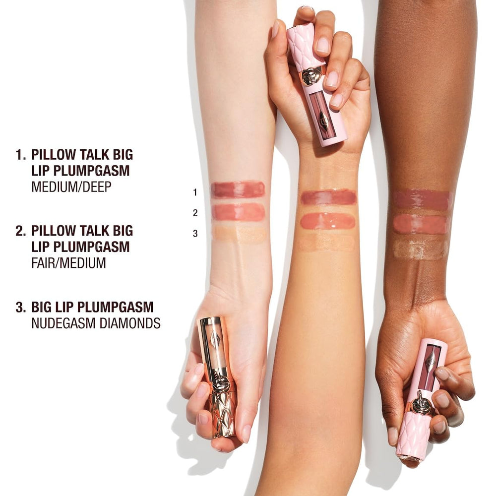 Charlotte Tilbury label detail with ingredient callouts emphasizing plumping benefits