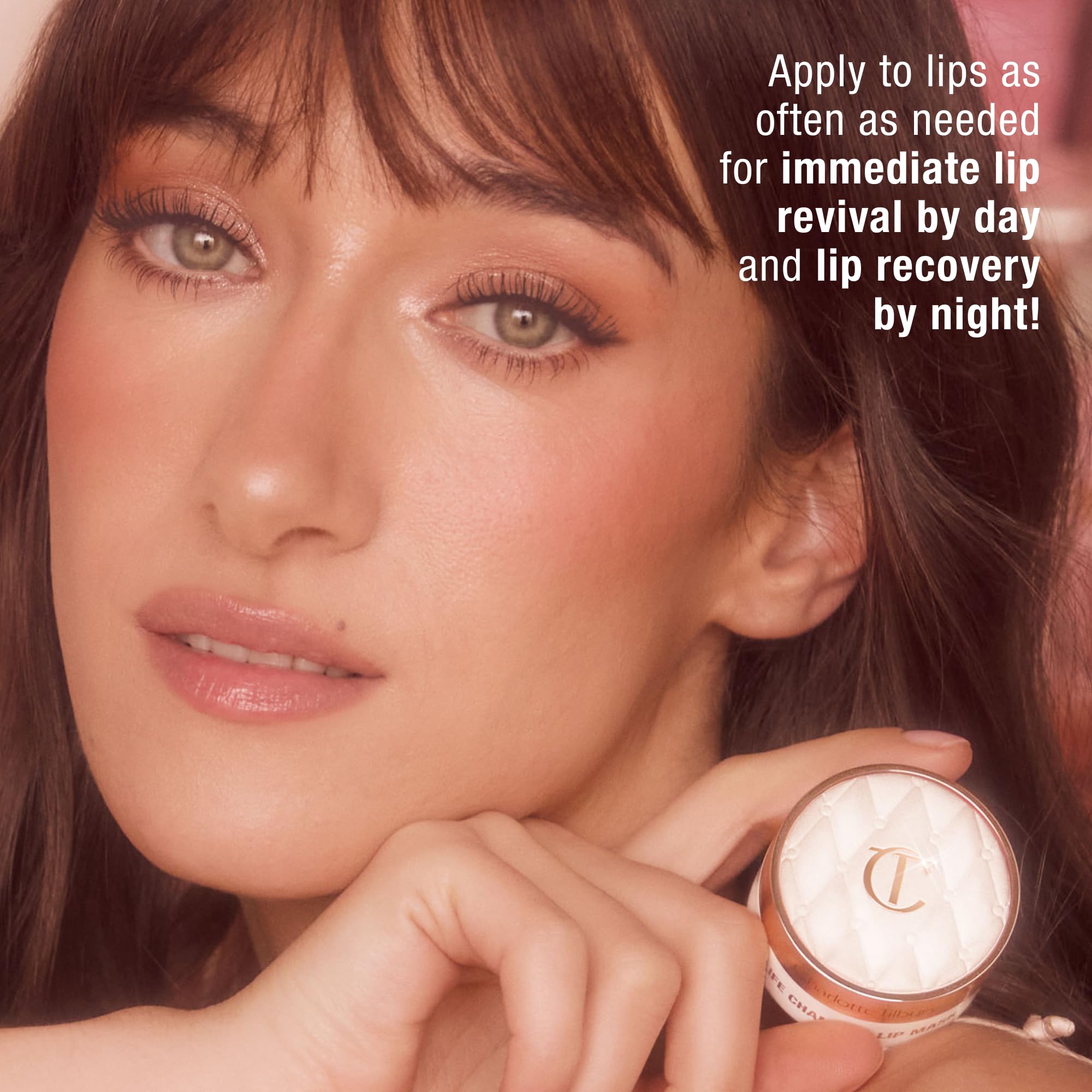 Charlotte Tilbury applying mask on lips for instant hydration and plump