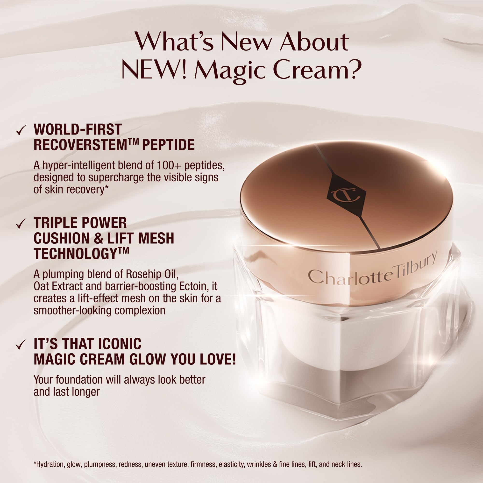 Charlotte Tilbury ingredient display highlighting peptides for skin resilience support