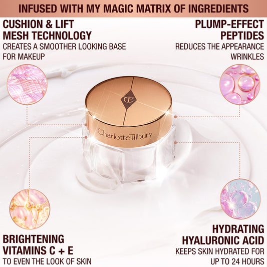 Charlotte Tilbury open jar texture close-up highlighting creamy cushion feel for smoother skin