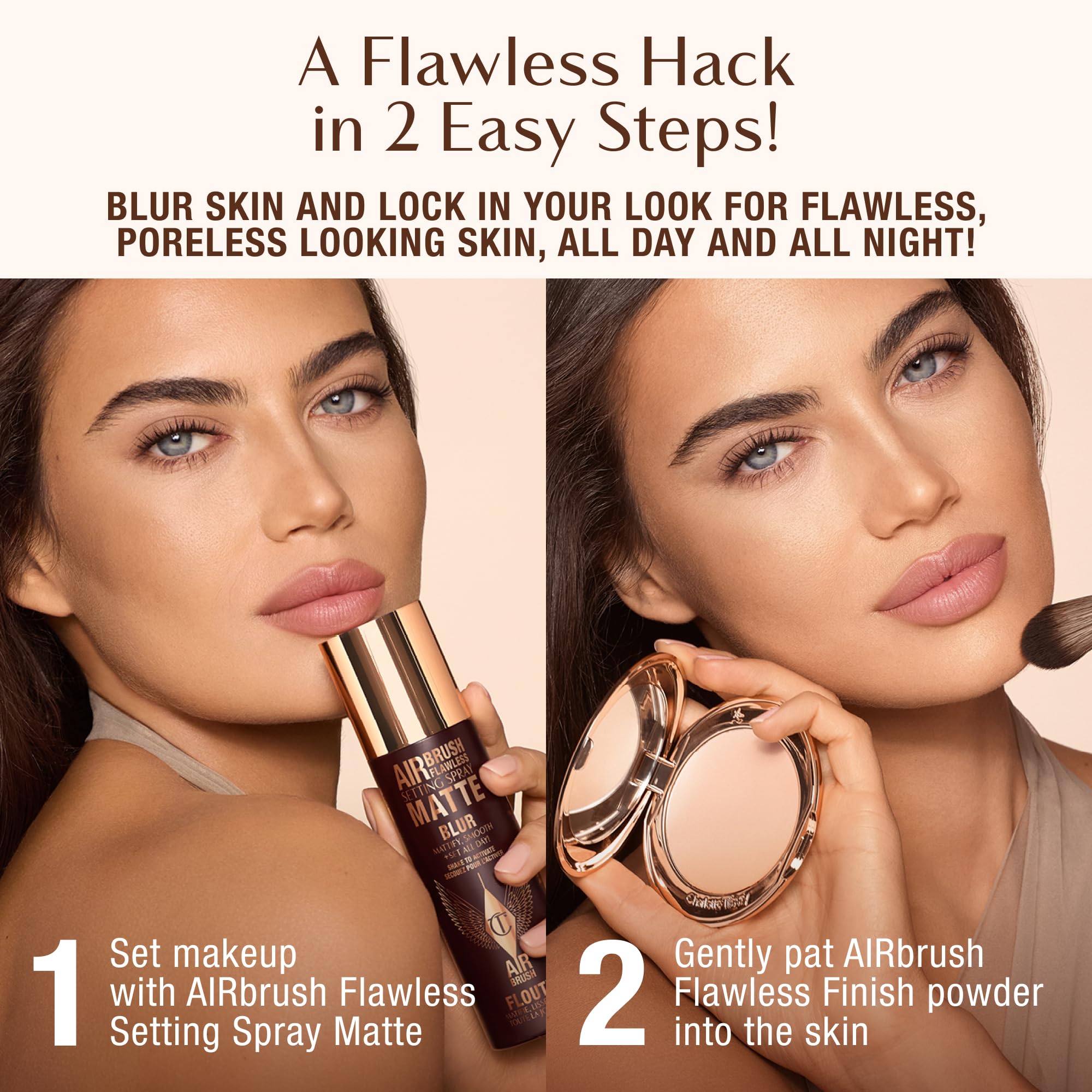Charlotte Tilbury spray on bathroom shelf conveying daily use convenience