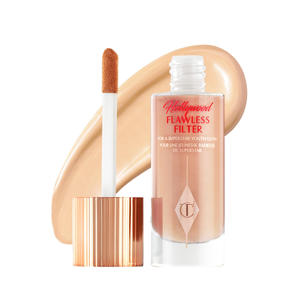 Charlotte Tilbury front packaging of Hollywood Flawless Filter 3 Fair showing product benefit luminous glow