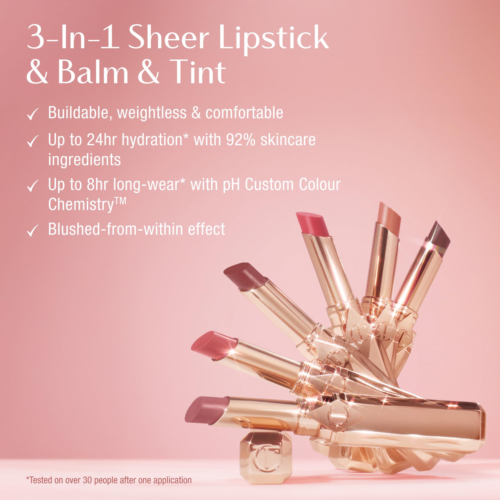 Charlotte Tilbury applied on lips close-up showing dewy, blurred color