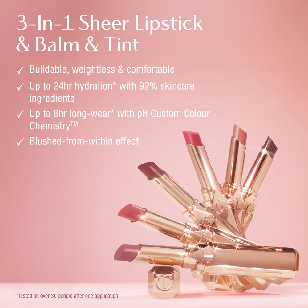 Charlotte Tilbury on lips in use displaying natural, hydrated tint for an effortless look