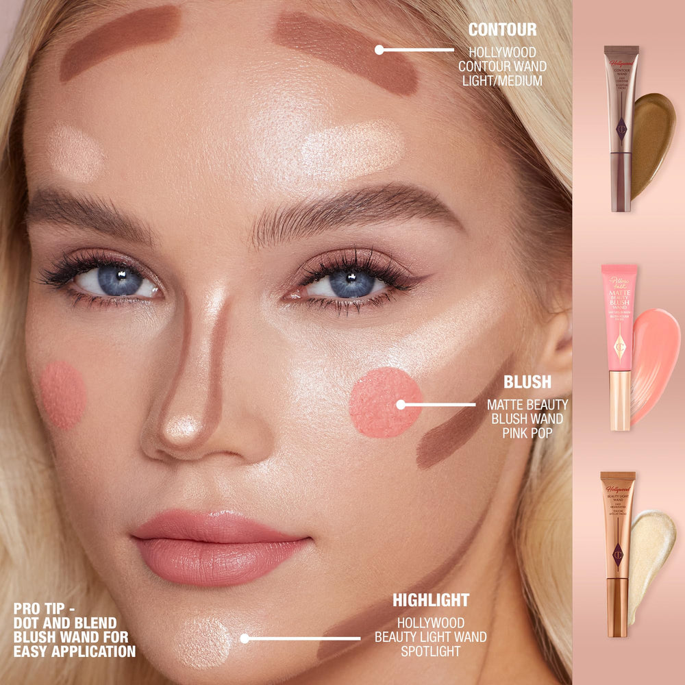Charlotte Tilbury size comparison next to lipstick for travel-friendly scale